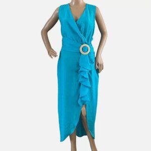 NWT Zara Wrap Front V Neck Dress Buckle Ruffles Slit Turquoise Blue Size Small